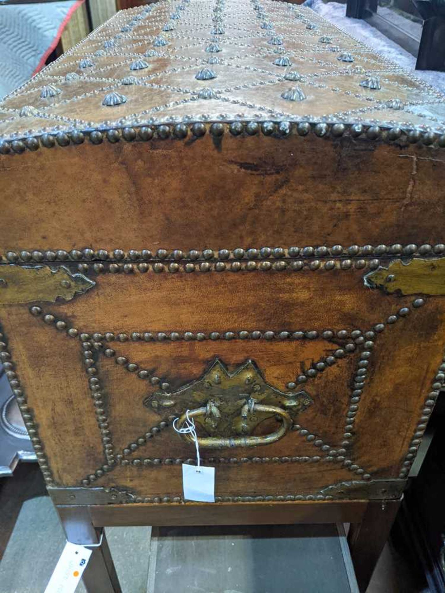 STUDDED DOME-TOP LEATHER CHEST-ON-STAND 18TH CENTURY, THE STAND LATER - Image 8 of 11