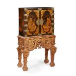 BLACK JAPANNED CHINOISERIE SMALL CABINET-ON-STAND LATE 18TH CENTURY; THE STAND 19TH CENTURY