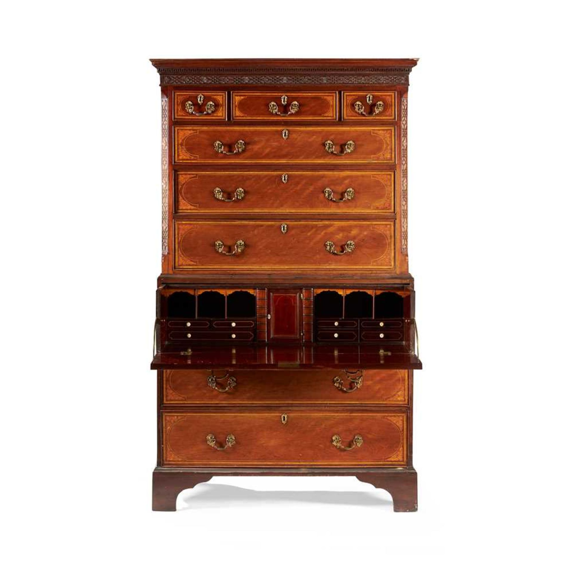 GEORGE III MAHOGANY AND INLAY SECRETAIRE CHEST-ON-CHEST 18TH CENTURY, THE INLAY 19TH CENTURY