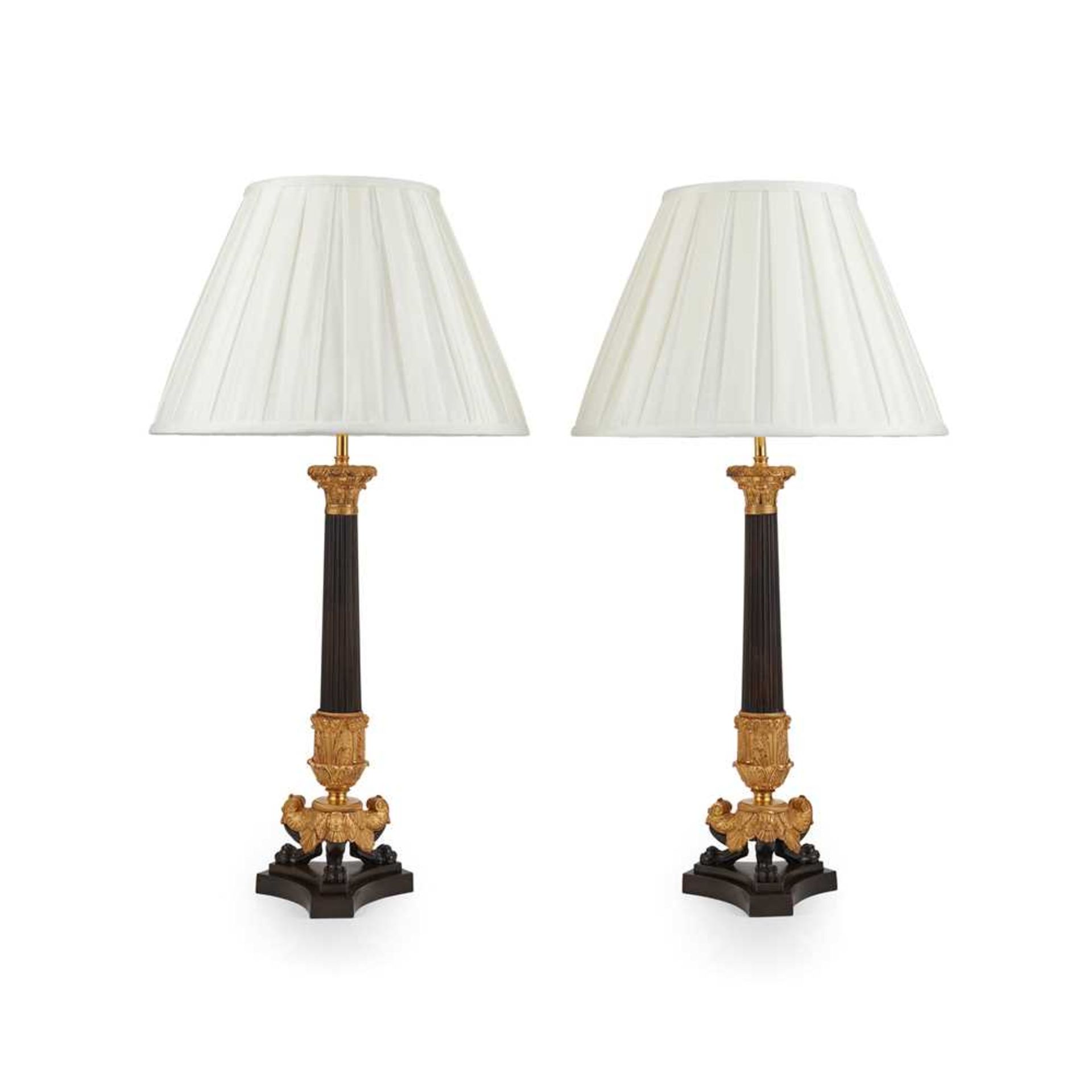 PAIR OF LARGE REGENCY PATINATED AND GILT BRONZE LAMPS EARLY 19TH CENTURY