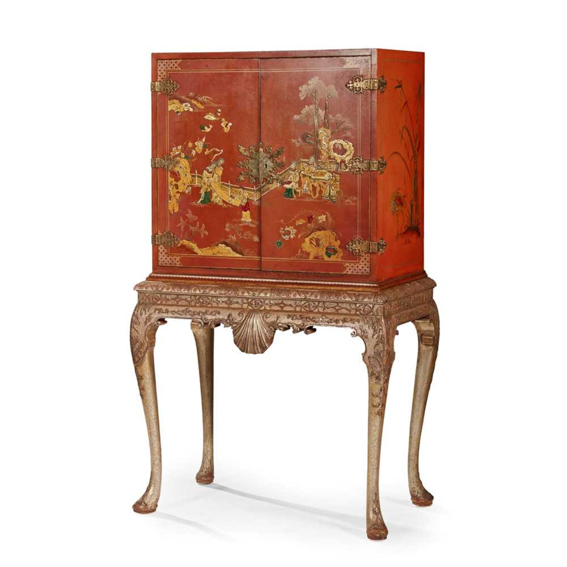GEORGIAN STYLE RED JAPANNED CABINET-ON-STAND 20TH CENTURY
