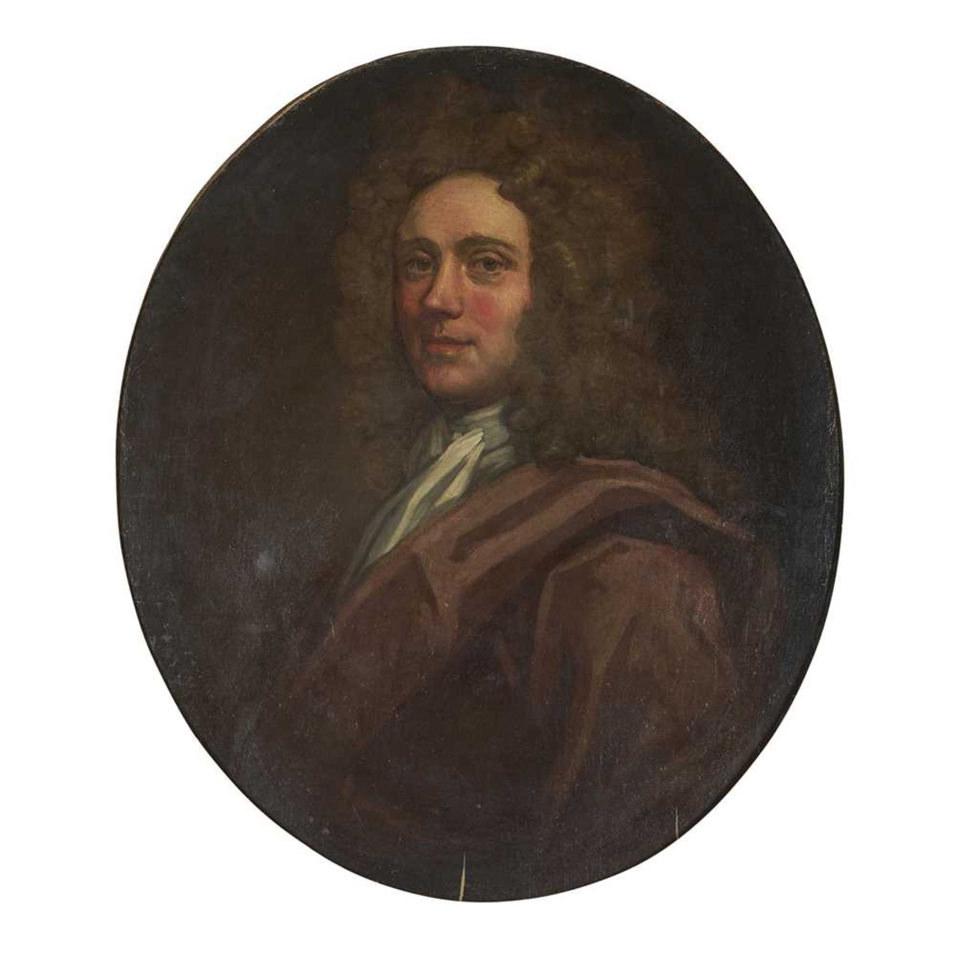 FOLLOWER OF WILLIAM AIKMAN HEAD AND SHOULDER PORTRAIT OF A MAN IN PLUM COAT