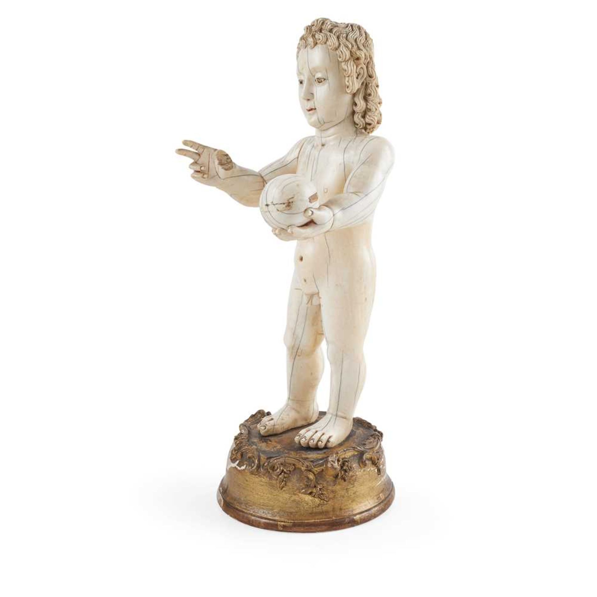 LARGE INDO-PORTUGUESE CARVED IVORY FIGURE OF THE INFANT CHRIST AS SALVATOR MUNDI, THE SAVIOUR OF THE - Image 2 of 7