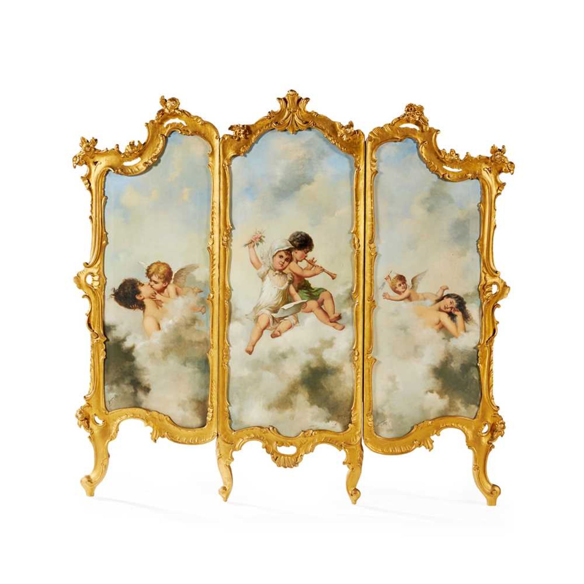 CONTINENTAL GILTWOOD AND PAINTED THREE PANEL SCREEN LATE 19TH CENTURY