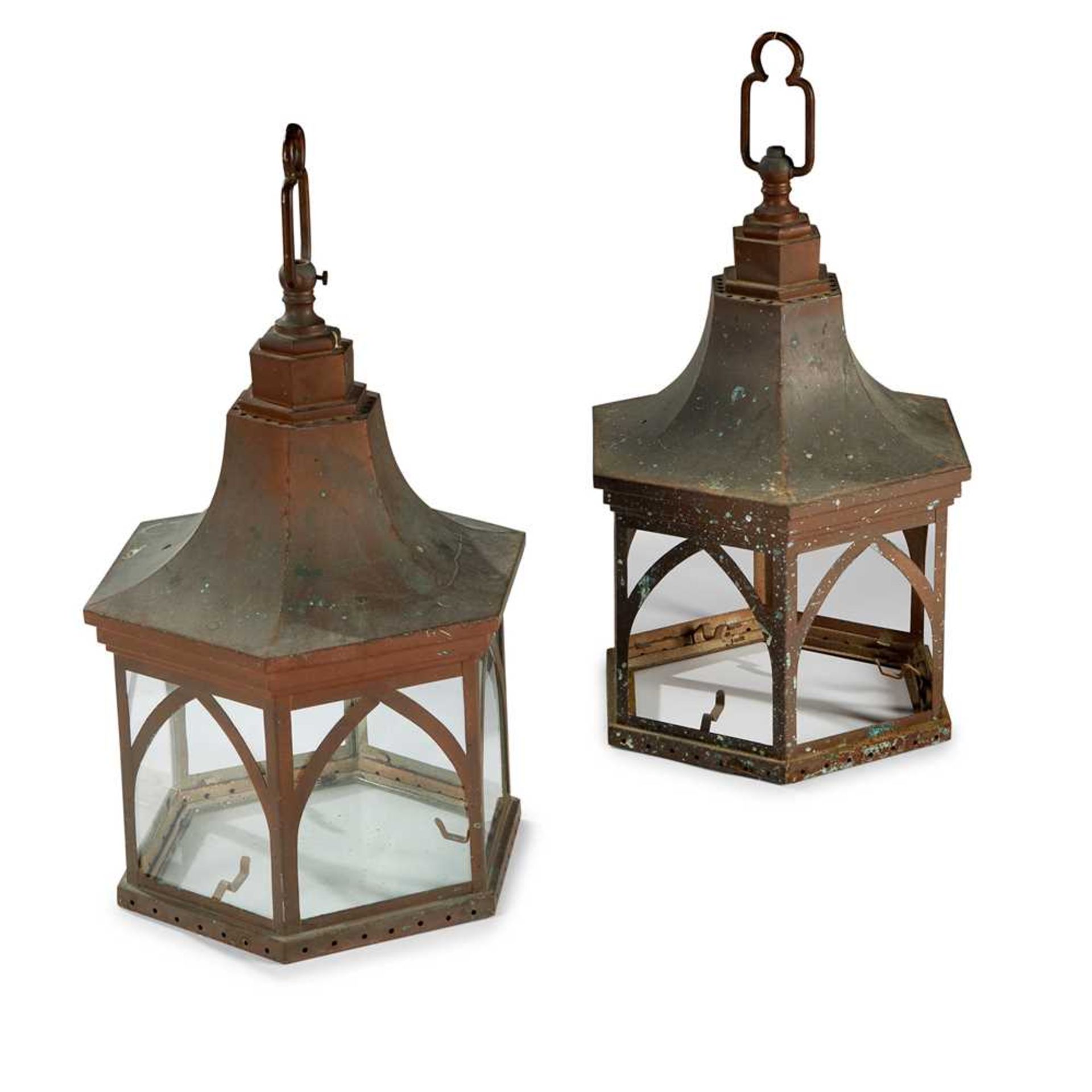 PAIR OF HEXAGONAL PATINATED METAL LANTERNS EARLY/ MID 20TH CENTURY