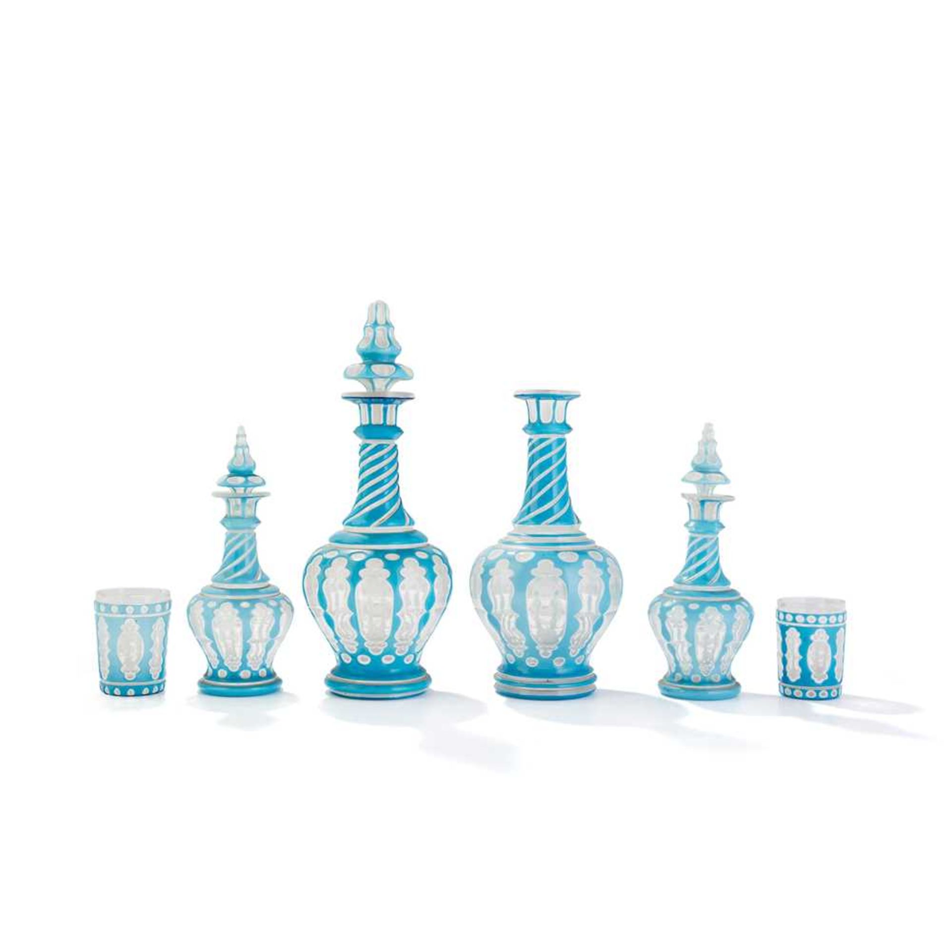 GROUP OF FOUR BOHEMIAN OVERLAY GLASS DECANTERS ENGRAVED WITH THE BREADALBANE CREST AND THE ORDER OF