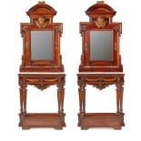 PAIR OF GEORGE II STYLE MAHOGANY AND PARCEL GILT CONSOLE TABLES AND MIRRORS 19TH CENTURY