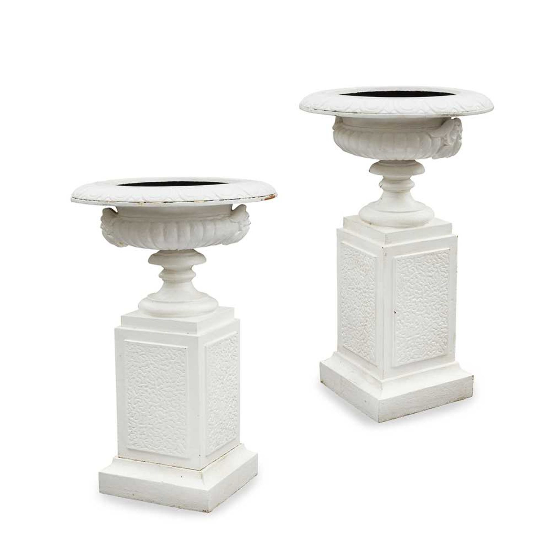 PAIR OF VICTORIAN PAINTED CAST IRON URNS AND PEDESTALS LATE 19TH CENTURY