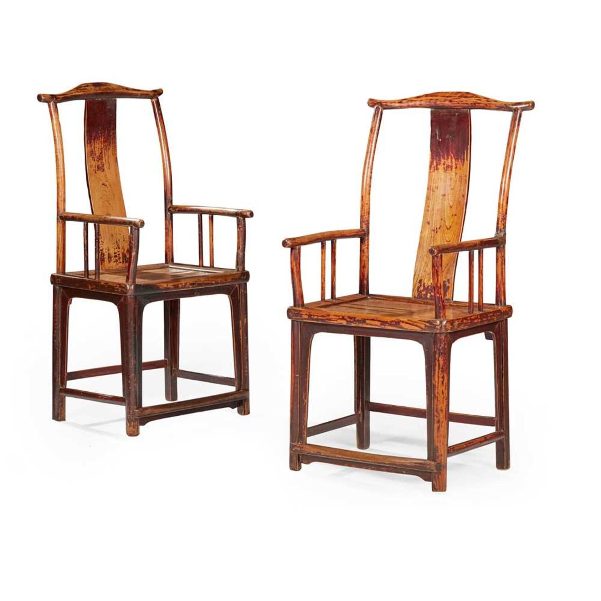 PAIR OF CHINESE YOKE-BACK ELM ARMCHAIRS QING DYNASTY, 19TH CENTURY