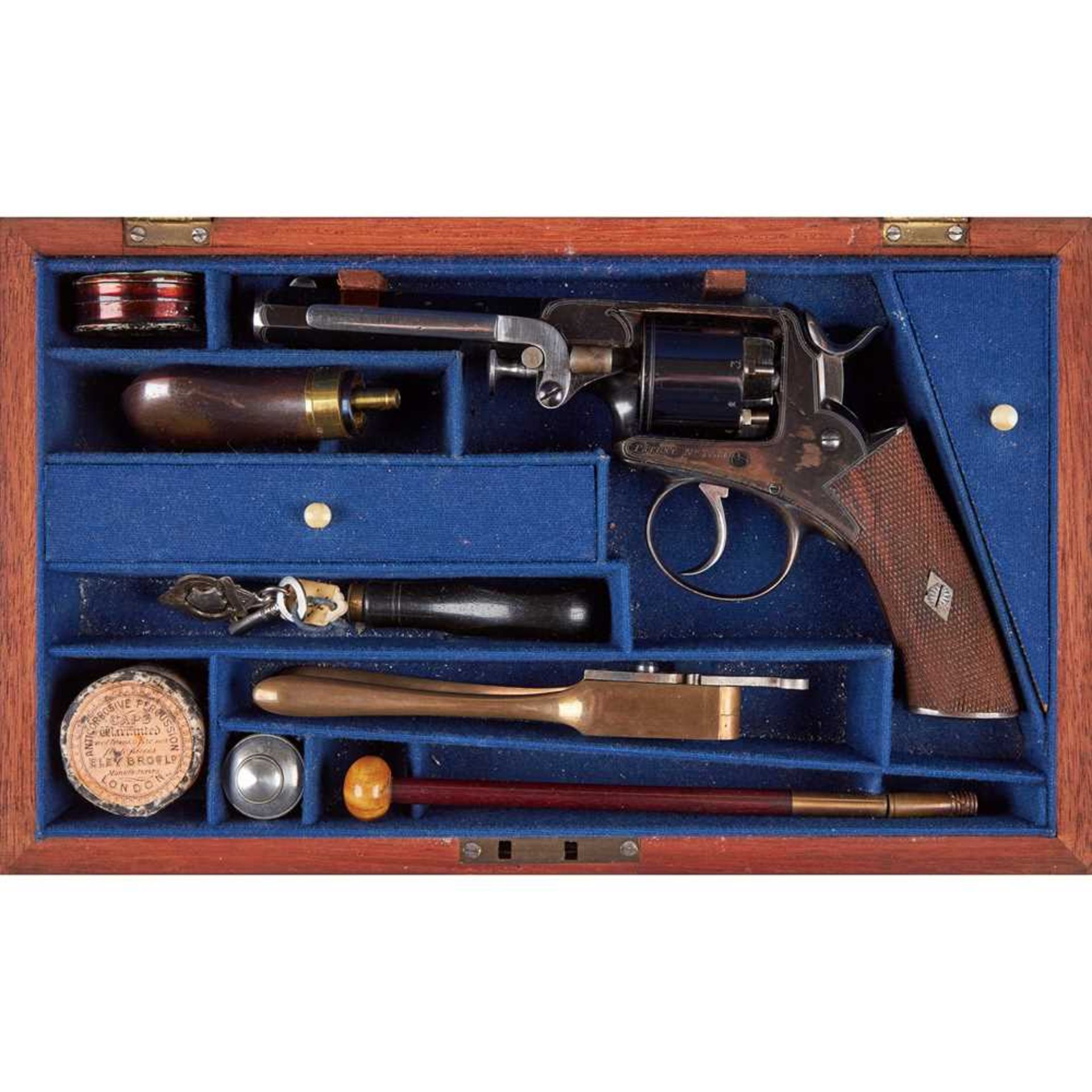 CASED UNSIGNED DOUBLE-ACTION FIVE SHOT PERCUSSION REVOLVER IN THE MANNER OF WEBLEY AND SCOTT MID 19T