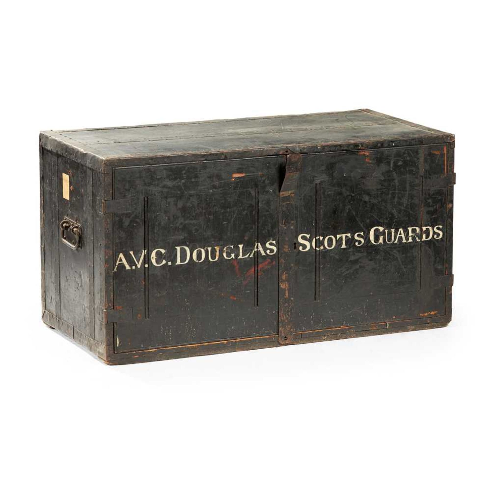 PAINTED AND METAL BOUND CAMPAIGN CUPBOARD, OF SCOTS GUARDS INTEREST LATE19TH/EARLY 20TH CENTURY