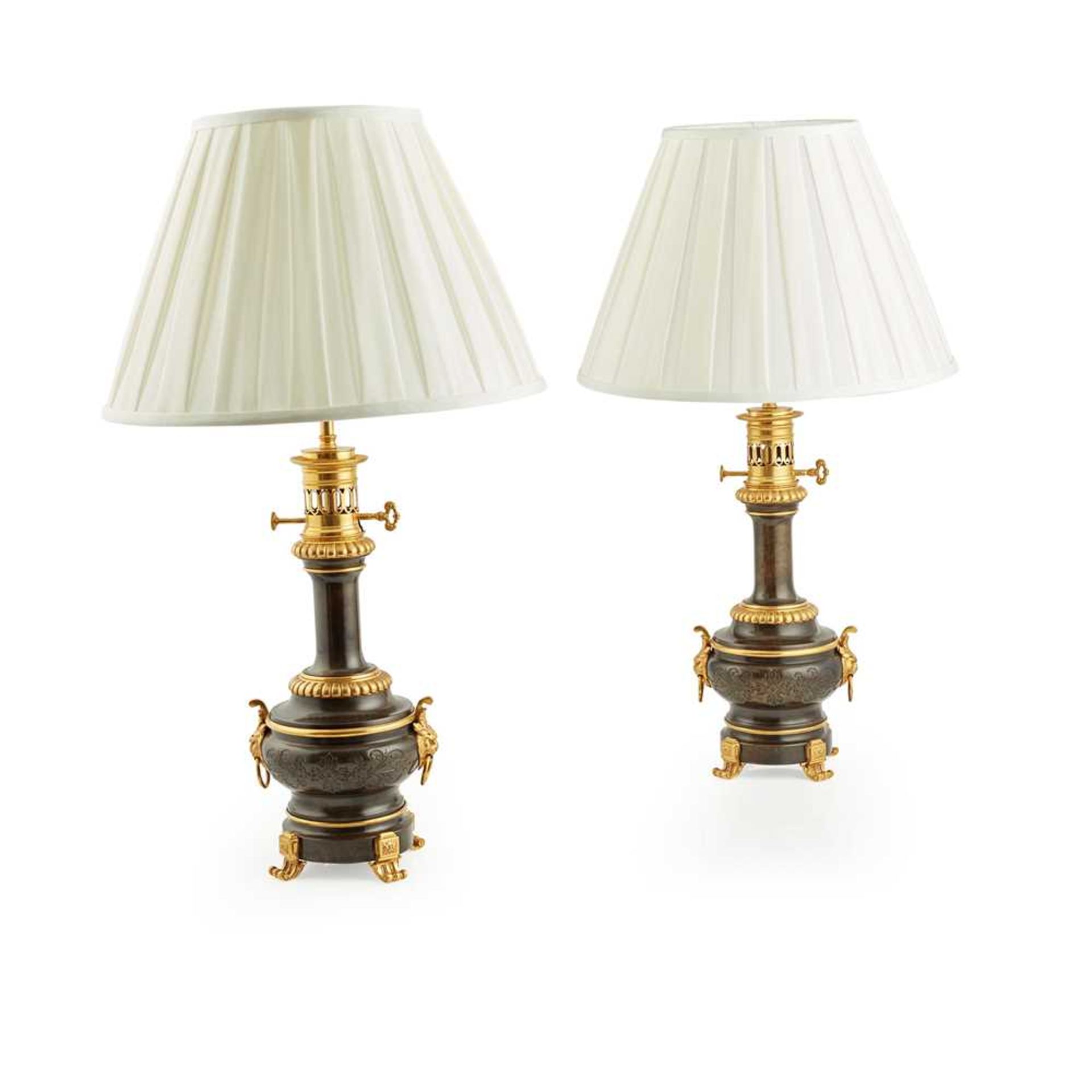 PAIR OF FRENCH PATINATED AND GILT METAL MODERATEUR LAMPS 19TH CENTURY