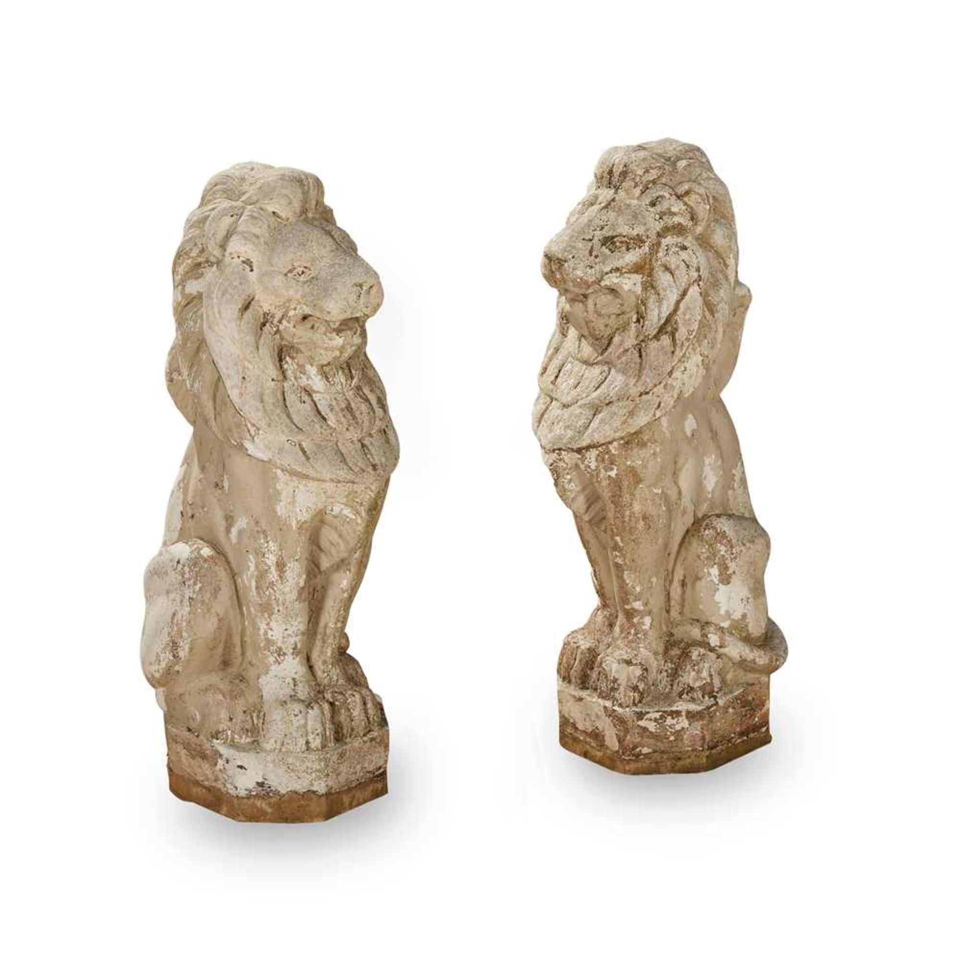 PAIR OF COMPOSITION STONE LIONS 20TH CENTURY
