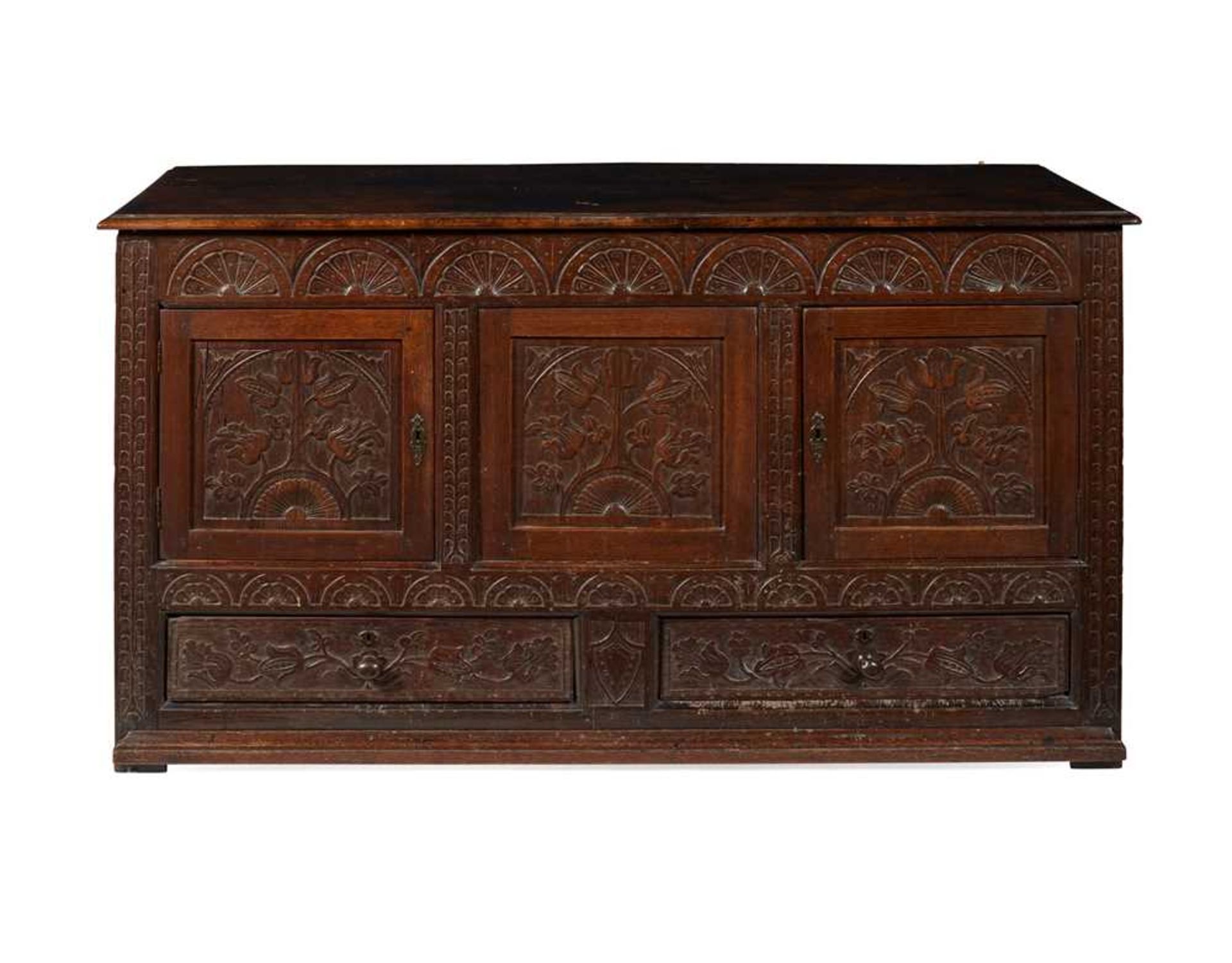 CARVED OAK MULE CHEST LATE 17TH CENTURY WITH ALTERATIONS