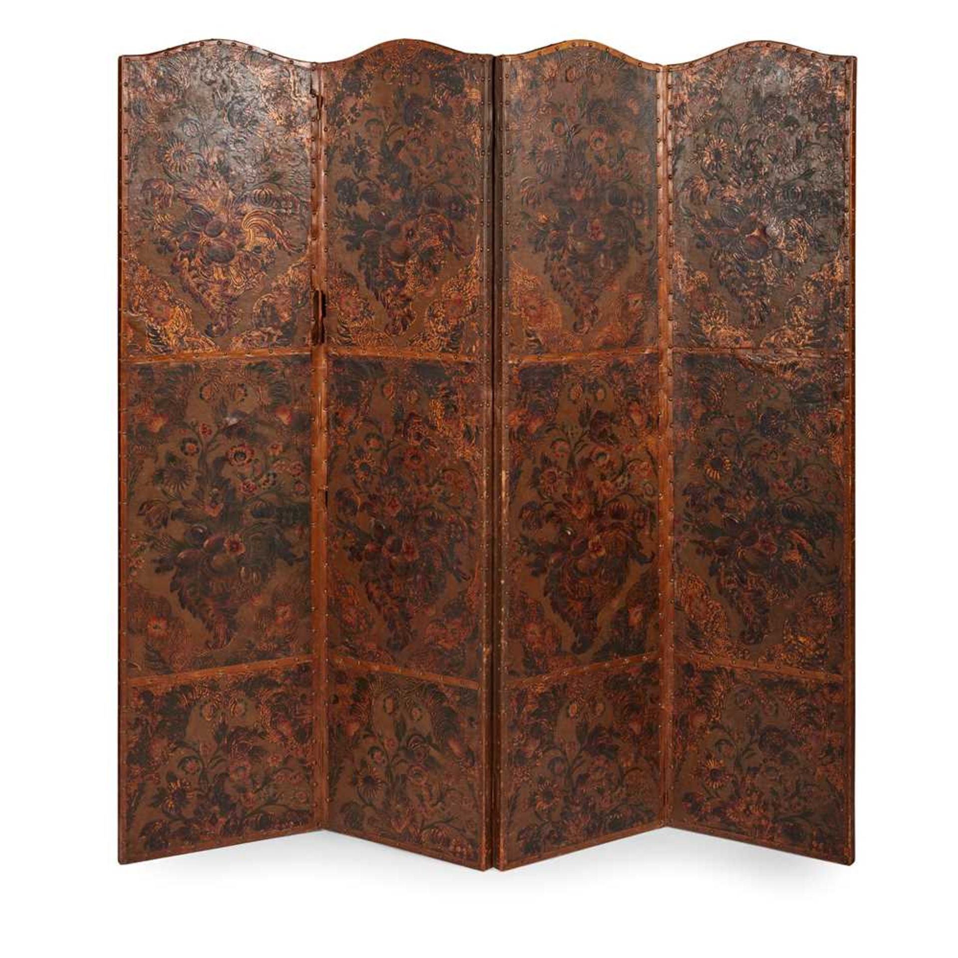 CONTINENTAL EMBOSSED AND POLYCHROMED LEATHER FOUR-FOLD SCREEN 19TH CENTURY