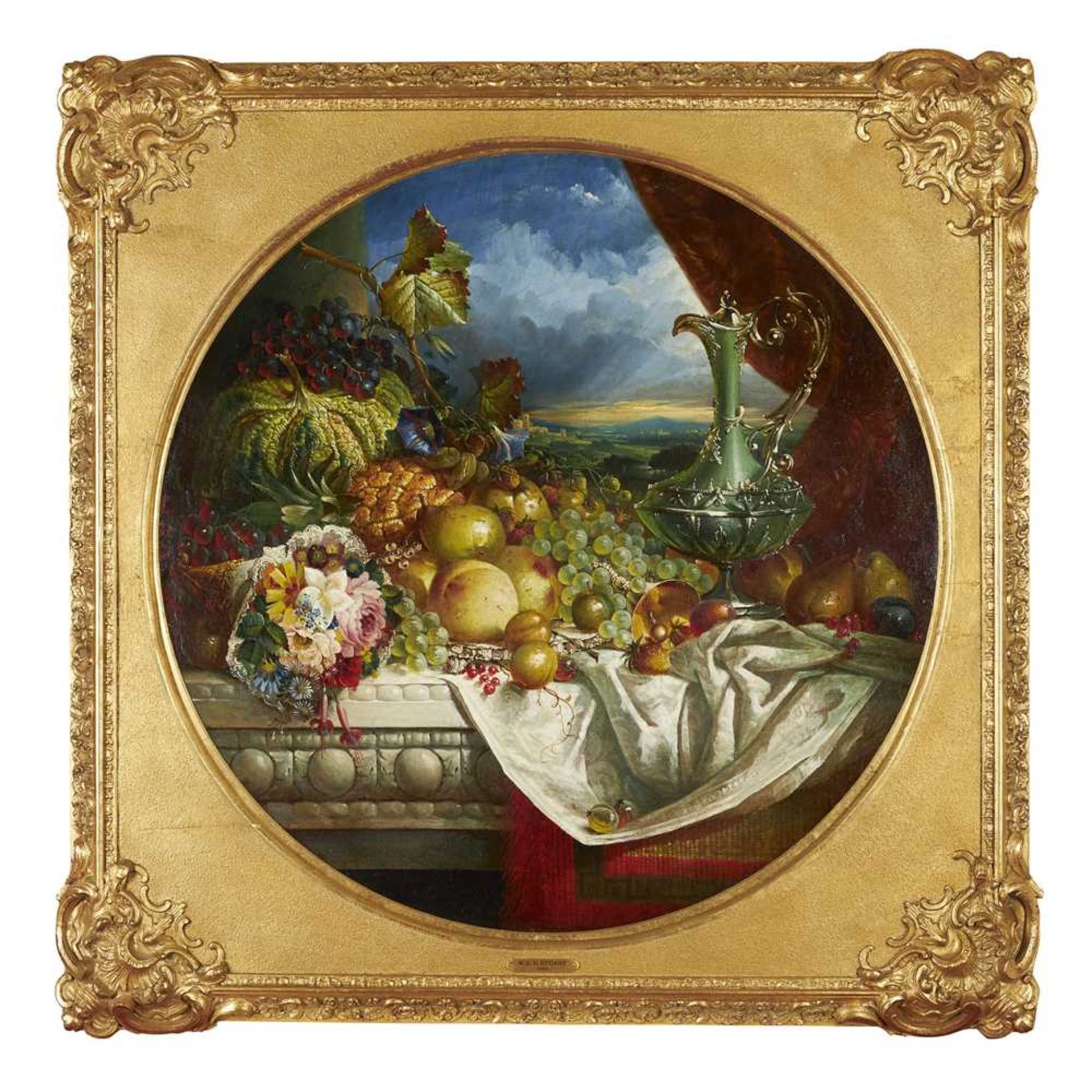 WILLIAM E**D**STUART (BRITISH 19TH CENTURY) A STILL LIFE OF ASSORTED FRUIT AND FLOWERS ON A LEDGE - Image 2 of 6