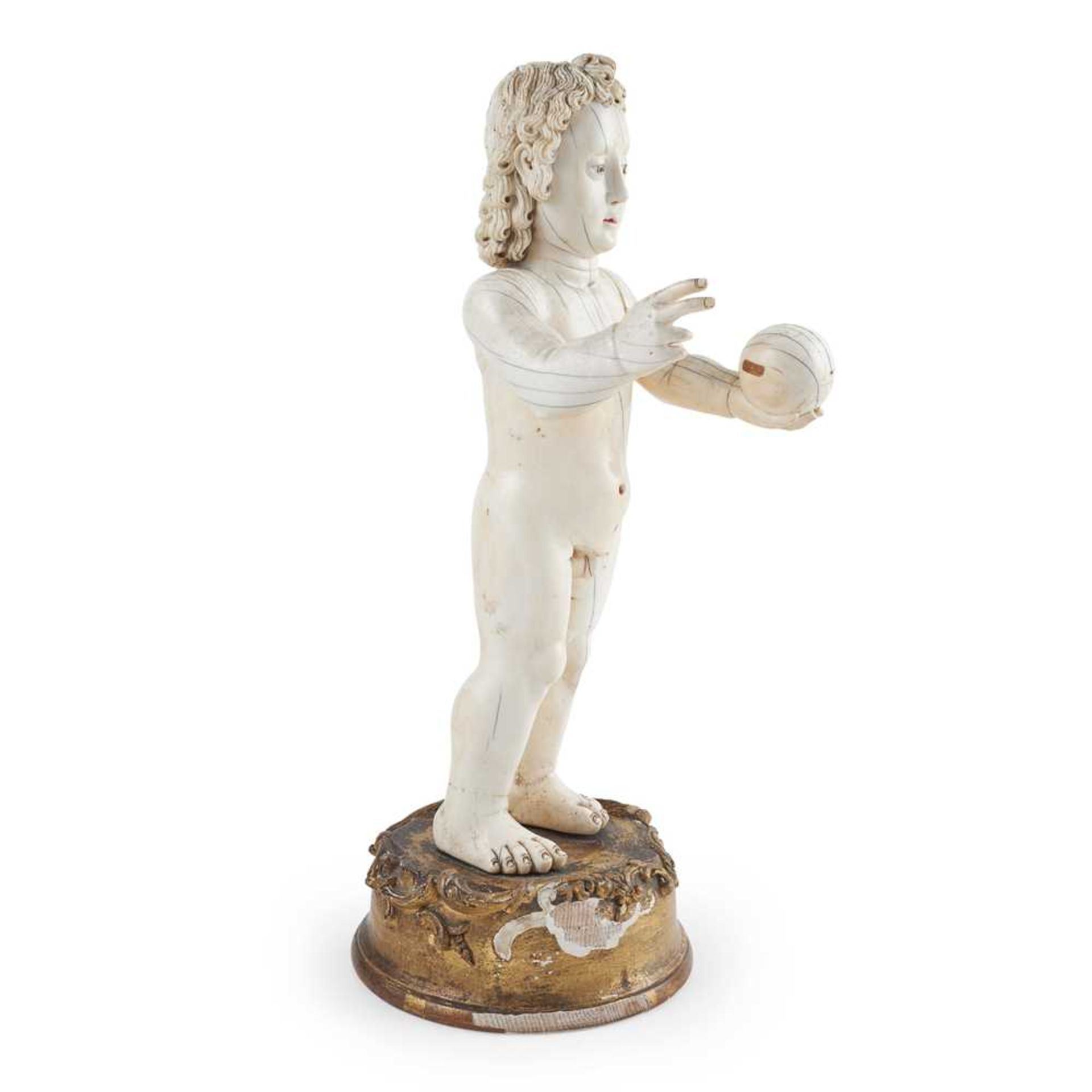 LARGE INDO-PORTUGUESE CARVED IVORY FIGURE OF THE INFANT CHRIST AS SALVATOR MUNDI, THE SAVIOUR OF THE - Image 4 of 7