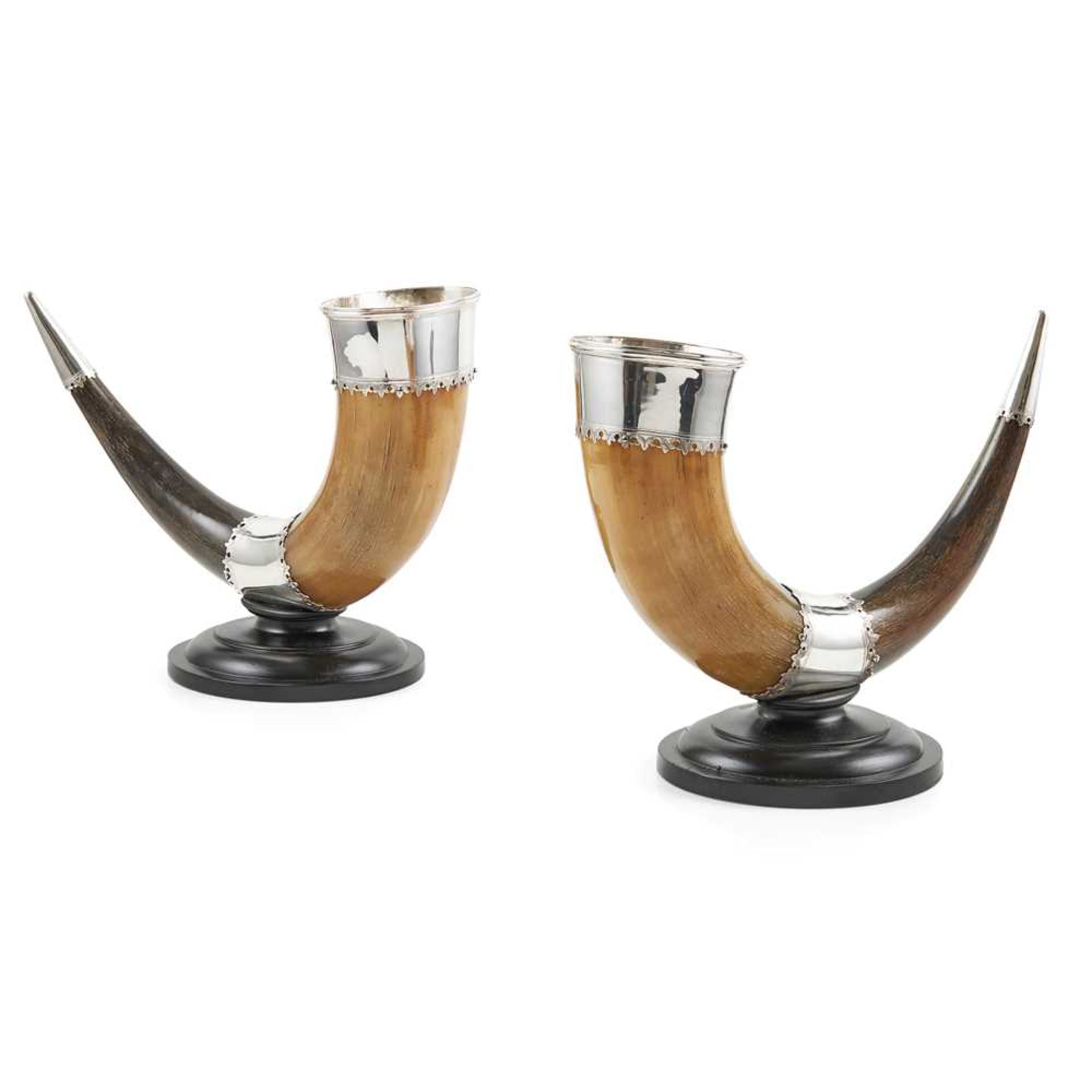 PAIR OF SILVER-PLATE MOUNTED HORN CUPS EARLY 20TH CENTURY