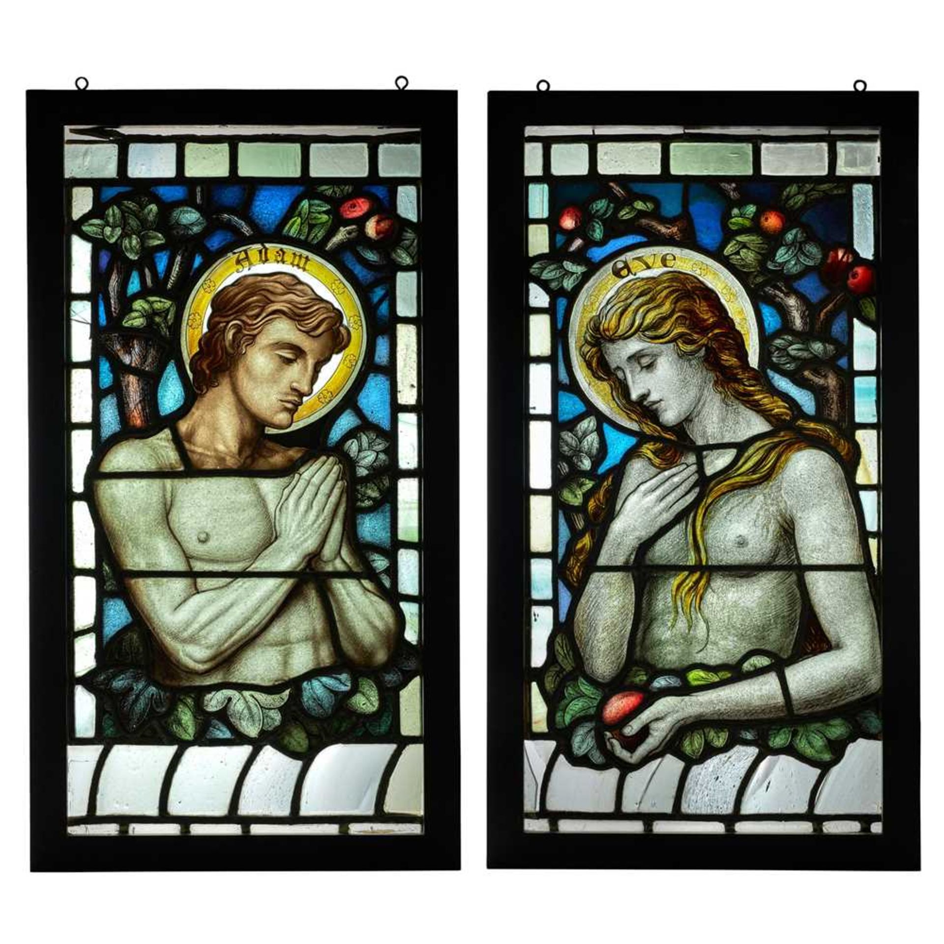 ENGLISH 'ADAM' & 'EVE', PAIR OF ARTS & CRAFTS PANELS, CIRCA 1900