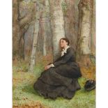 PHILIP HERMONGENES CALDERON R.A. (BRITISH 1833-1898) WOMAN SEATED AGAINST TREE TRUNK IN A WOOD
