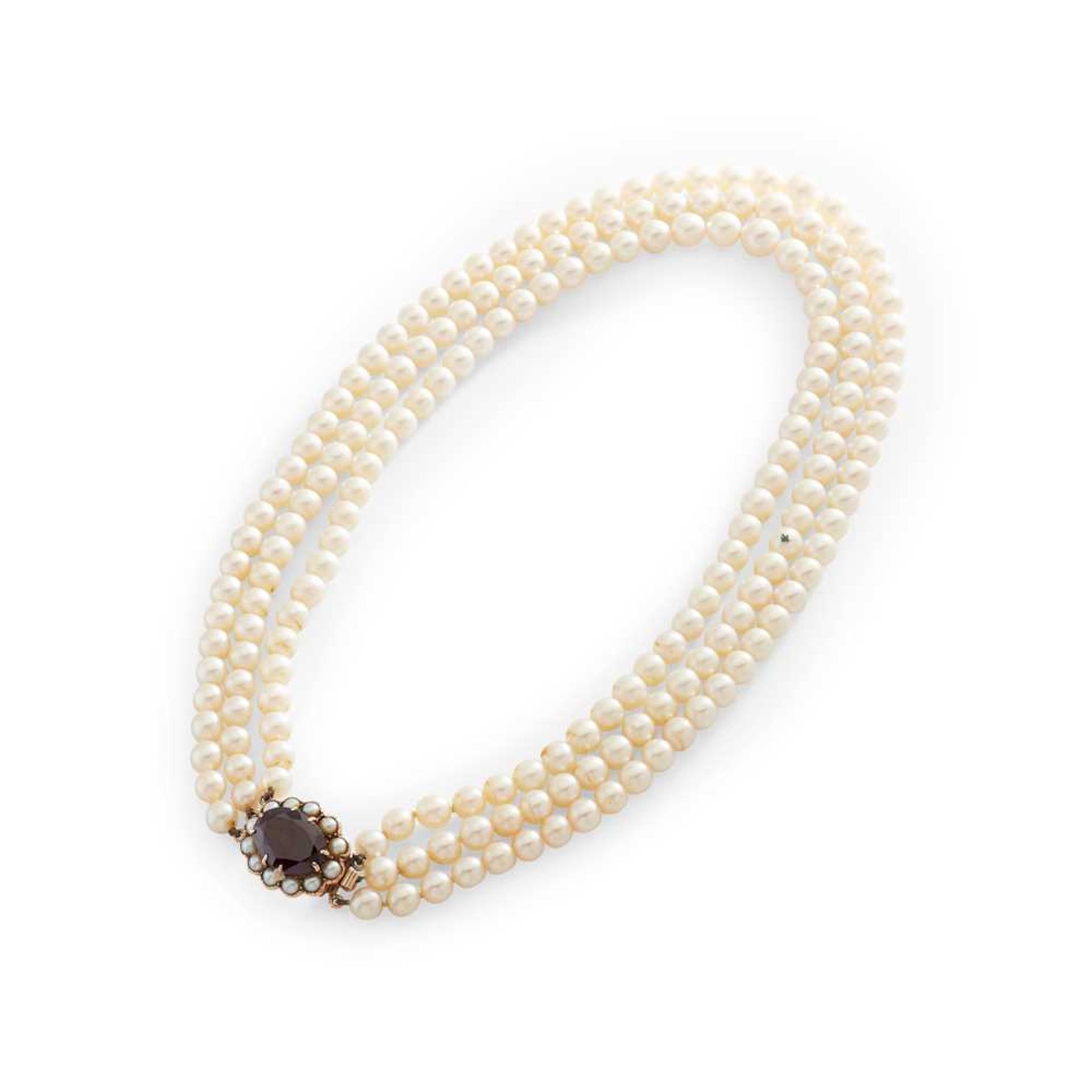 A cultured pearl and garnet necklace