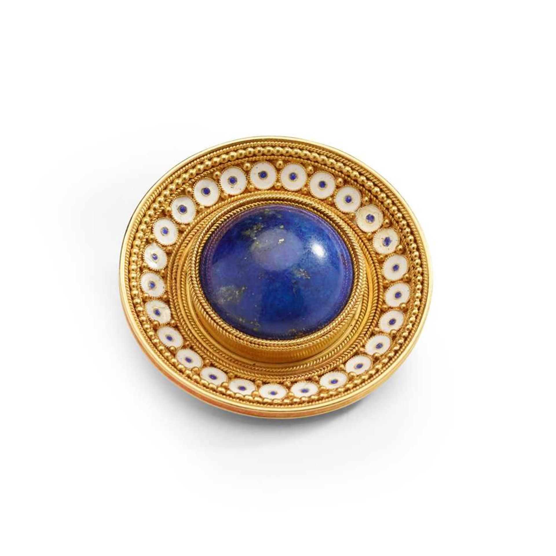 A late 19th Century lapis lazuli and enamel brooch, by Robert Phillips