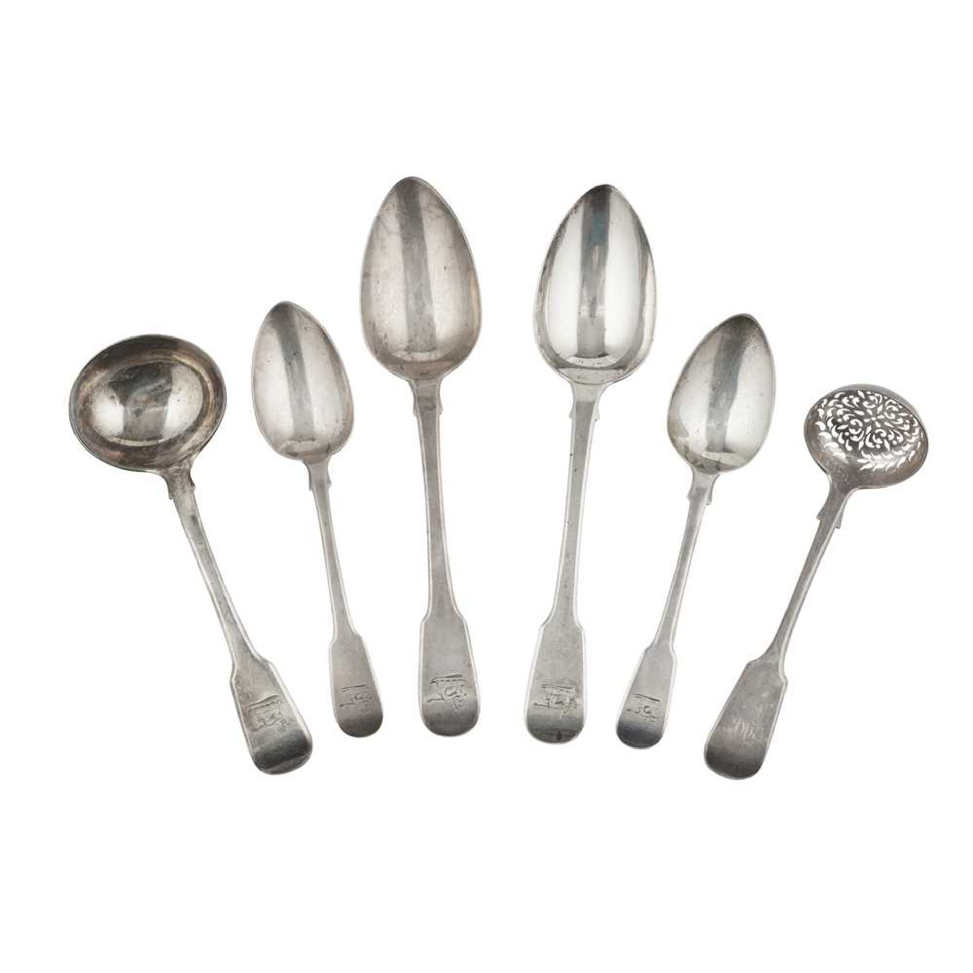 A set of seven George IV tablespoons and others