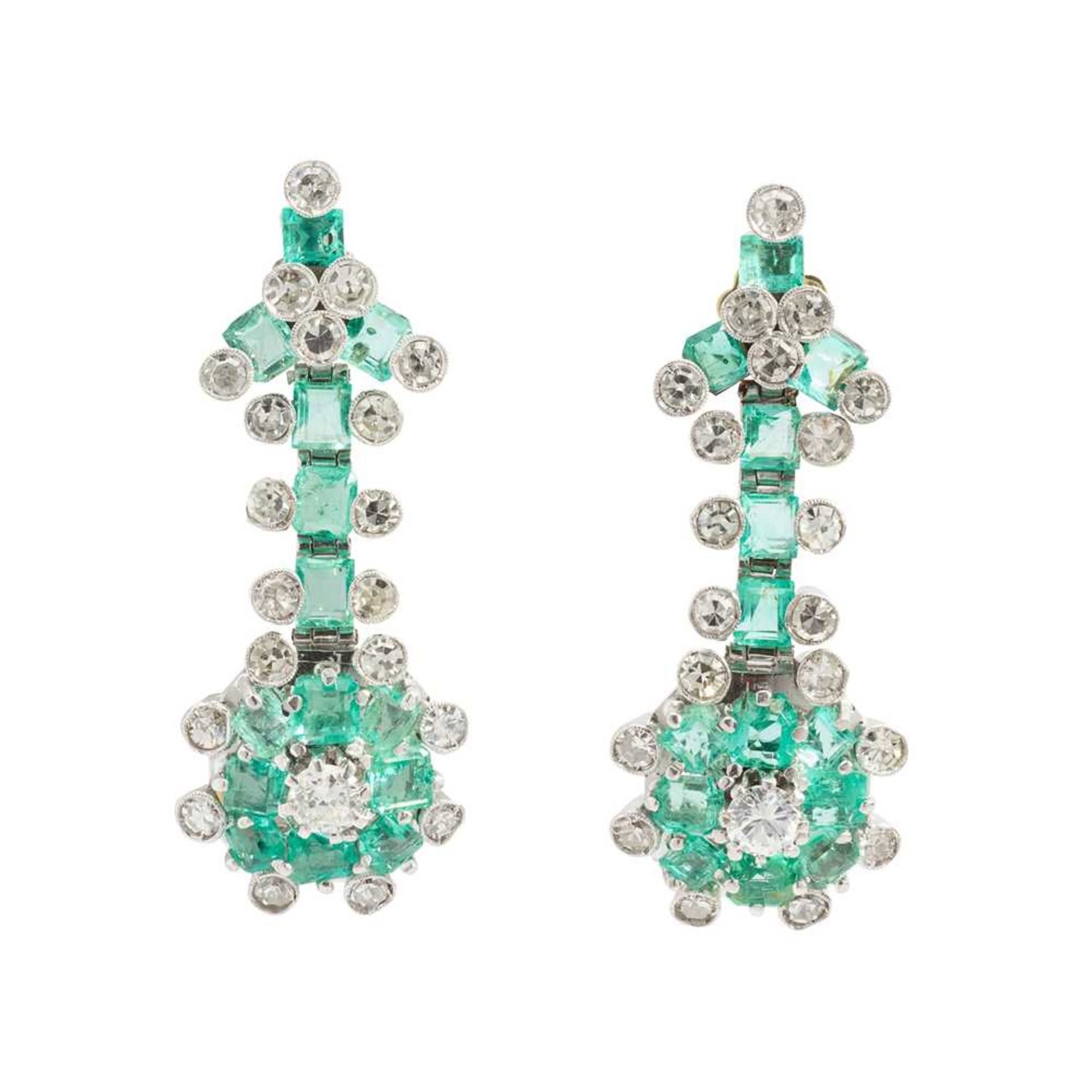 A pair of green beryl and diamond pendent earrings