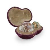 A cased mid 19th century gilt and gem set porcelain scent bottle