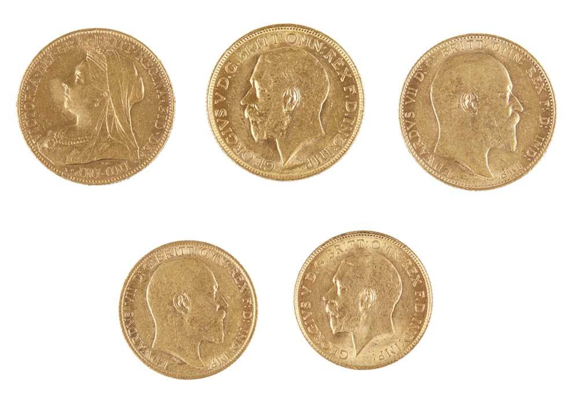 Three sovereigns and two half sovereigns