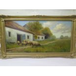 J. Vitolla Sheep outside white barns oil on canvas (relined) signed 29 x 60 cm
