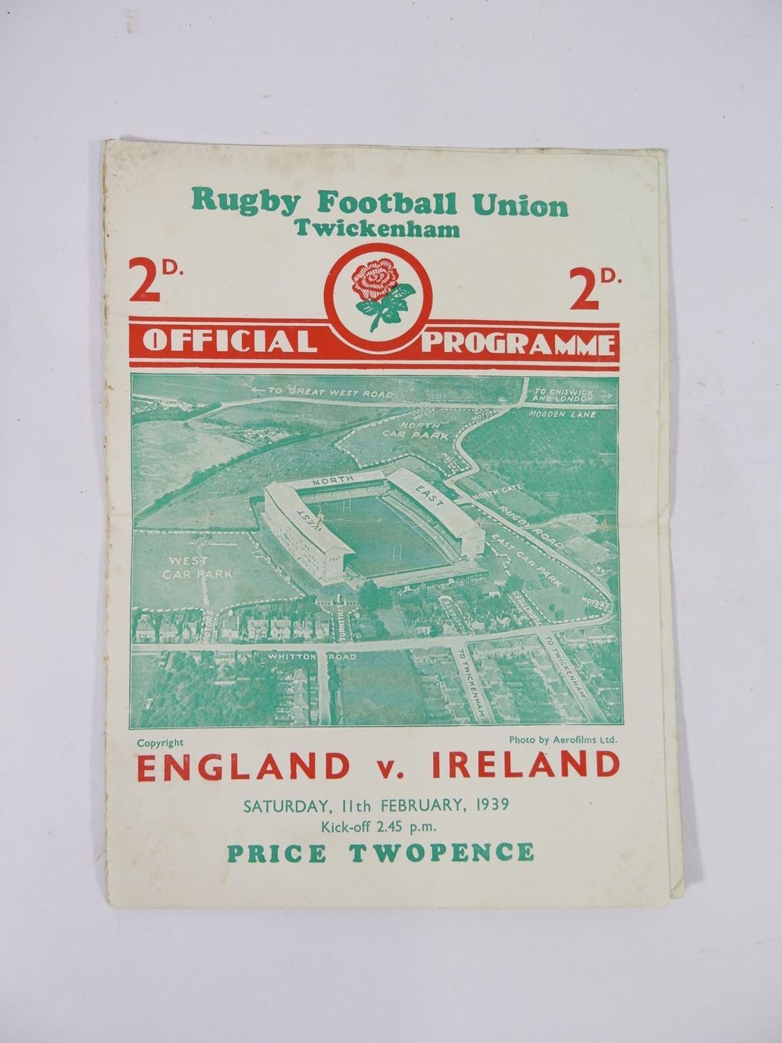 A Rugby Union International match programme, for England v Ireland at Twickenham 11th February 1939,