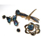 Various butterfly wing brooches and ear studs