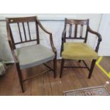 Two early 19th century mahogany carver dining chairs, both with boxwood stringing, rail backs and