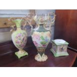 A pair of Fenton Old Foley ware vases, printed with exotic birds among flowers, 41 cm high, and