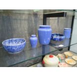 A blue Wescontree '59' bowl, 22cm, blue sponge-glaze bowl, 20cm, and three stoneware lavender blue