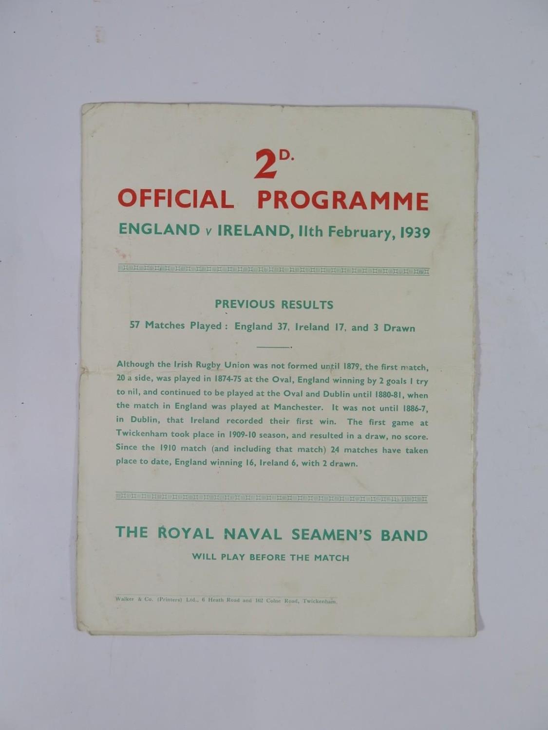 A Rugby Union International match programme, for England v Ireland at Twickenham 11th February 1939, - Image 3 of 3