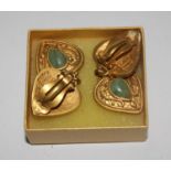 A vintage pair of Rima Aris gold plated tear drop earrings set with jade, in a box