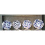 A pair of Chinese 18th century porcelain plates and a pair of matching dishes depicting a pagoda,