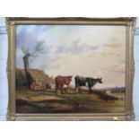 Style of 19th Century English School Cattle by a river looking to a church oil on canvas (relined)