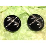 A pair of Shanghai Tang earrings, with 925 silver clips and bamboo design on circular black stone