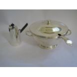 A silver plated tapering chocolate pot, 15cm high, and a silver plated circular soup tureen and