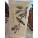 Two hand painted scrolls depicting an eagle on a branch, 69 x 31.5 cm, and another of a blue parrot,