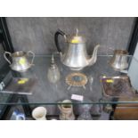 A three piece silver plated tea set and a small lot of collectables