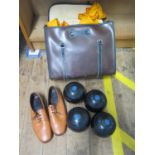 A set of four Jaques 'Jackfinder' Crown Green Bowls, and a pair of size 6 bowling shoes, cased