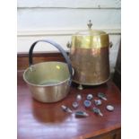 A brass and copper lidded peat bucket, 39 cm high, a brass jam pan, and various Victorian style