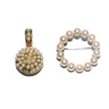 A round pearl brooch, and a seed pearl pendant (2)
