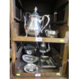 Two trays of silver plate, including four piece Viners tea service, coffee pot and other wares