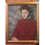 J. Munday Portrait of a lady in a red coat and scarf oil on canvas signed and dated 1946 50 x 40 cm