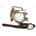 A silver hunter pocket watch and silver Albert, together with a ladies Edwardian silver wristwatch